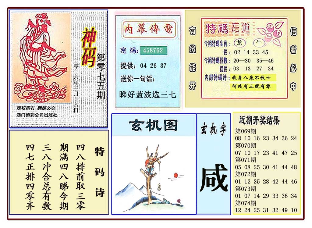 075期黄大仙神码[图]